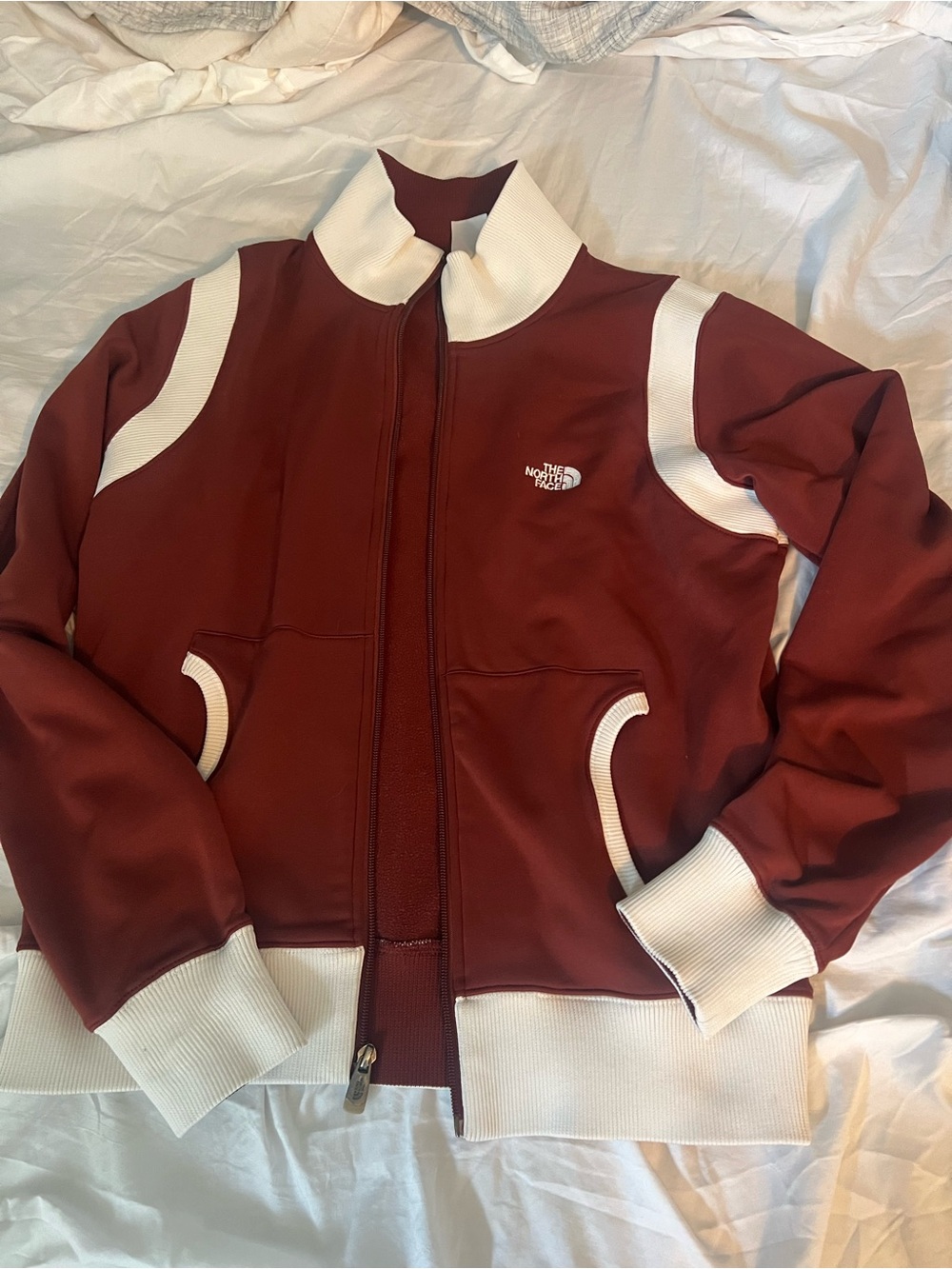 The North Face Women’s Maroon Bomber Jacket with White Trim